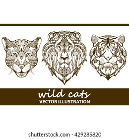 Design for your T-shirt Pattern for coloring book. Hand drawn line art of wild cats.  For tattoo art, coloring books set. Tattoo Ethnic  Doodles style. tiger, lion, jaguar, panther