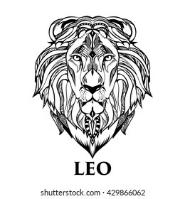 Design for your T-shirt Pattern for coloring book. Hand drawn line art of zodiac Leo.  For tattoo art, coloring books set. Henna Mehndi Tattoo Ethnic Zentagle Doodles style.