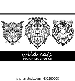 Design for your T-shirt Pattern for coloring book. Hand drawn line art of wild cats.  For tattoo art, coloring books set. Tattoo Ethnic Zentangle Doodles style. tiger, lion, jaguar, panther