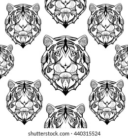 Design for your T-shirt  seamless Pattern for coloring book. Hand drawn line art of Tiger.  For tattoo art, coloring books set. Ethnic Zentangle style for print.