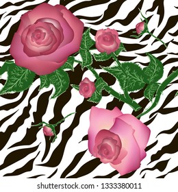 Design with zebra skin and pink roses. Seamless vector texture. Summer bright floral pattern. Perfect for all kind of prints. Hand drawing style. 