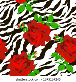 Design with zebra skin and red roses. Seamless vector texture. Summer bright floral pattern. Perfect for all kind of prints. Hand drawing style. Vector