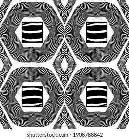 Design with Zebra stripes. Black and white color. Ethnic boho ornament. Seamless background. Tribal motif. Vector illustration for web design or print.