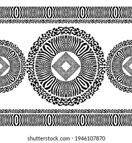 Design with Zebra stripes and Leopard spots. Ethnic boho ornament. Seamless background. Tribal motif. Vector illustration for web design or print.