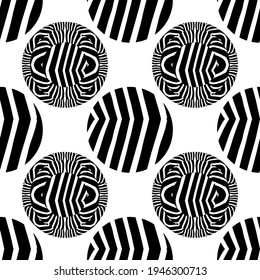 Design with Zebra stripes. Polka dots. Ethnic boho ornament. Seamless background. Tribal motif. Vector illustration for web design or print.