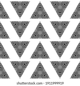 Design with Zebra stripes. Triangles. Black and white color. Ethnic boho ornament. Seamless background. Tribal motif. Vector illustration for web design or print.