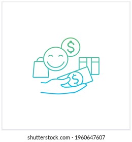 Designate guilt-free spending money gradient icon.Hand holds money.Happy emoji.Thoughtful spending money.Mindful spending.Isolated vector illustration.Suitable to banners, mobile apps and presentation