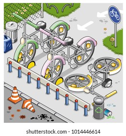 Designated bicycle parking lot with three bikes in a city area close to a street (isometric illustration)