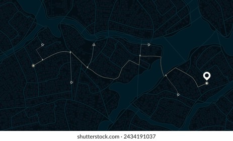 Bestimmte Route, die zu einem bestimmten Zielpunkt führt. Navigationsplan hebt interessante Punkte hervor. Stadtplan mit mehreren Markern. Vektorgrafik