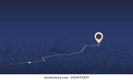 Designated route leading to specific goal point. Isometric highlighted road. An abstract navigation plan highlights points of interest, The vector illustration is fully customizable