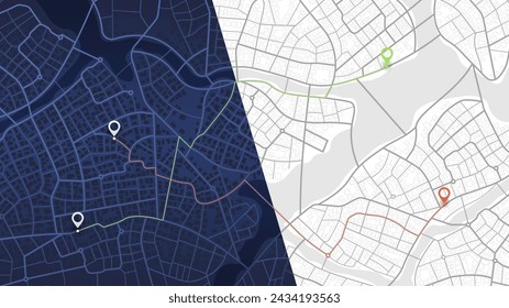 Ausgewiesene Routen, die zu bestimmten Zielpunkten führen, bestehend aus zwei Kartenstilen. Ein abstrakter Navigationsplan hebt interessante Punkte hervor. Vektor-Illustration ist vollständig anpassbar.