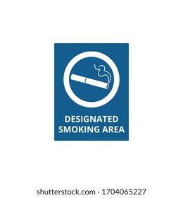 Área de fumadores designada - Banner rectangular azul con símbolo de cigarrillo dentro de marco circular y texto, información sobre adicción a la nicotina para espacios públicos - ilustración plana aislada vectorial