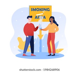 Designated smoking area sign, public smoking place, smokers drug addiction, people smoke cigarettes, bad habits, smoke break. Flat cartoon vector concept design isolated on white background.