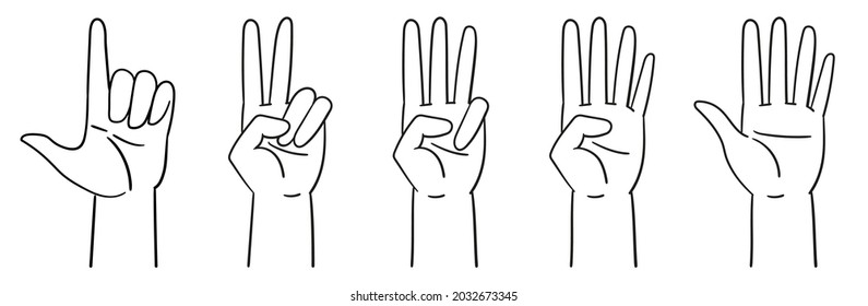 Designation of numbers with hands, gestures. Counting to five - hands. Vector illustration isolated on white. line art