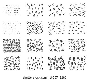 Designation on the map. Asset Signs on the map. Forests and fields. Water surfaces. Desert or mountains terrain. A stretch of land. Physical features. Hand drawn vector line contour.