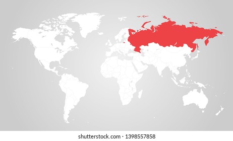The designation of Russia on the world map. Red color. White territories of countries on a gray background. Vector illustration.