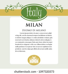 Designe page or menu for Italian products. It can be a guide with information about Italian city of Milan. Duomo di Milano. Ornament of Italian acanthus flowers. Series. See more pictures in my set
