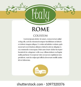 Designe page or menu for Italian products. It can be a guide with information about Italian city of Rome. Ornament of Italian acanthus flowers frames the page. Coliseum. See more pictures in my set