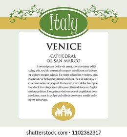 Designe page or menu for Italian products. It can be a guide with information about Italian city of Venice. Ornament of Italian acanthus flowers frames the page. Series. See more pictures in my set