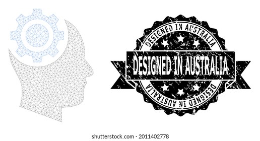 Designed in Australia dirty seal print and vector human intellect gear mesh model. Black seal contains Designed in Australia caption inside ribbon and rosette. Abstract flat mesh human intellect gear,