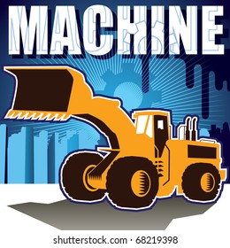 Designed background with stylized bulldozer. Vector illustration.