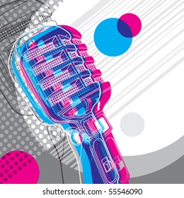 Designed banner with microphone and retro graphic elements. Vector illustration.