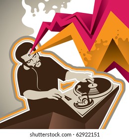 Designed banner with stylized dj figure. Vector illustration.