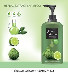 Designed a bottle of shampoo containing bergamot, kaffir lime leaves, kaffir lime fruit, kaffir lime peel, oil refined from kaffir lime.illustration vector