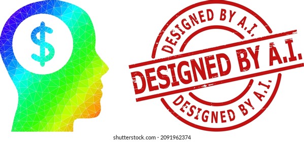 DESIGNED BY A.I. rubber stamp print and lowpoly spectrum colored bank thinking icon with gradient. Red stamp includes Designed by A.I. title inside circle and lines form.