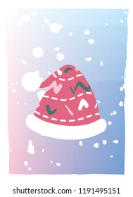 a designed of Christmas hat on multi colors background with fluffy white snowflakes 