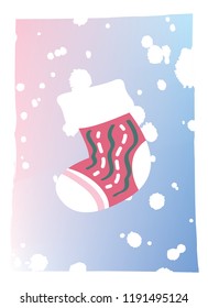 a designed of Christmas sock on multi colors background with fluffy white snowflakes 