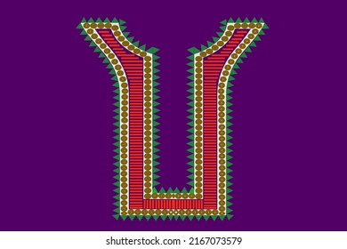 Diseñado con un escote geométrico de color rojo, verde y marrón sobre un bonito fondo morado oscuro.  bordado para mujeres fondo de moda fondo de fondo de pared ropa de cama escotilla tradicional de cuello africano