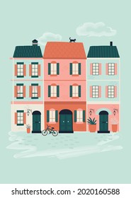 designed for girls; Vectorial retro and naive buildings print design with bicycle in front. It can be used whenever you want.