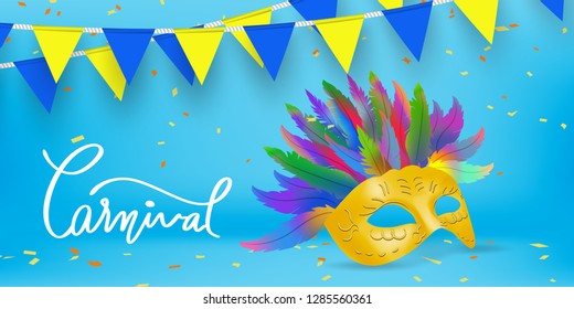 designed of gold mask with colorful feather and white carnival lettering on confetti  background. concept for banner or poster of costume mask to celebrate in carnival festival in vector illustration