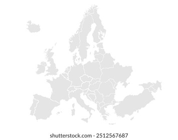 Designed for graphic designers, this minimalist gray Europe map is a versatile element for various creative projects. Its simple yet detailed style makes it ideal for both print.