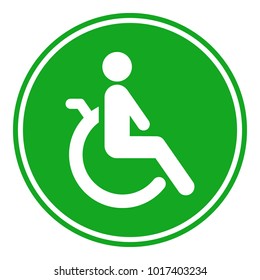 Designed for handicapped people sign. Disabled man in wheelchair icon on green circle. Vector.