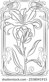 Designed with an iris flower in the style of Art Nouveau. Beautiful iris flower vintage floral composition