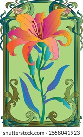 Designed with an iris flower in the style of Art Nouveau. Beautiful iris flower vintage floral composition