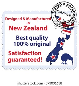 Designed and Manufactured in New Zealand, Best quality, satisfaction guaranteed stamp / label with the New Zealand's map, kiwi bird. Print colors used