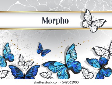 Designed with a narrow, rectangular banner with gold frame and blue, realistic butterflies morpho on light gray background.