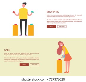 Designed pages for internet site representing two persons in the process of shopping, sample text beside them and buttons vector illustration