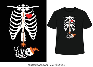 Designed for preggers women's skeleton Halloween costume, featuring ghost expecting mommy and baby holding a little pumpkin in belly bump, chest bone xray rib cage.