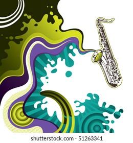 Designed psychedelic banner with saxophone. Vector illustration.