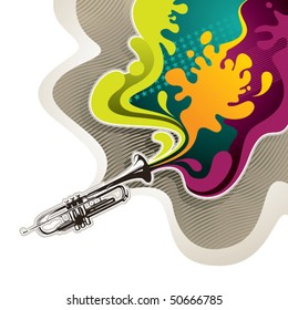 Designed psychedelic banner with trumpet. Vector illustration.