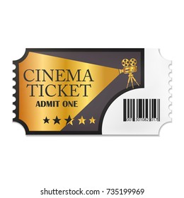 Designed retro cinema ticket close up top view isolated on white background. Vector illustration. Eps 10.