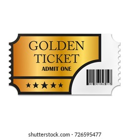 Designed retro Golden Ticket close up top view isolated on white background. Vector illustration. Eps 10.