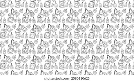 Designed seamless pattern featuring detailed lantern and torch illustrations in monotone black and white, perfect for backgrounds, festive layouts, or design projects requiring subtle elegance.