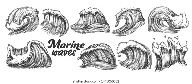 Designed Sketch Splash Marine Wave Set Vector. Collection Of Different Enormous Huge Breaking Ocean Sea Storm Water Wave With Foam. Nature Aquatic Tsunami Monochrome Cartoon Illustration