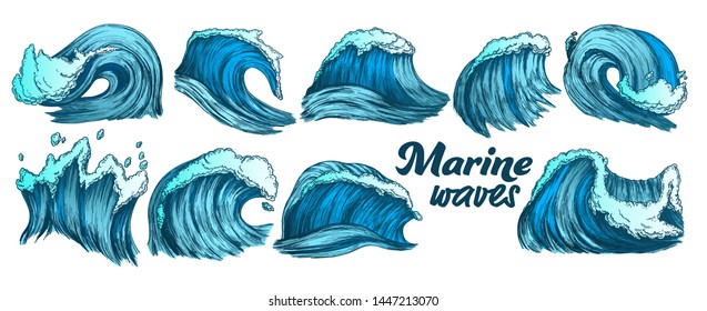 Designed Sketch Splash Marine Wave Set Vector. Collection Of Different Enormous Huge Breaking Ocean Sea Storm Water Wave With Foam. Nature Aquatic Tsunami Color Illustrations