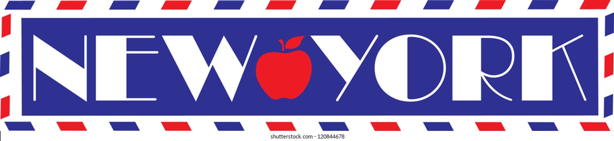 Designed in the style of a vintage travel trunk sticker, with the bold letters "NEW YORK". A red apple embellishes the design.